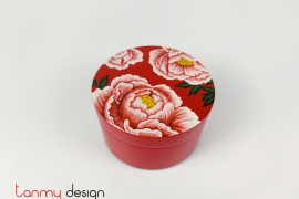 Round red lacquer box printed with peonies D12*7,2cm